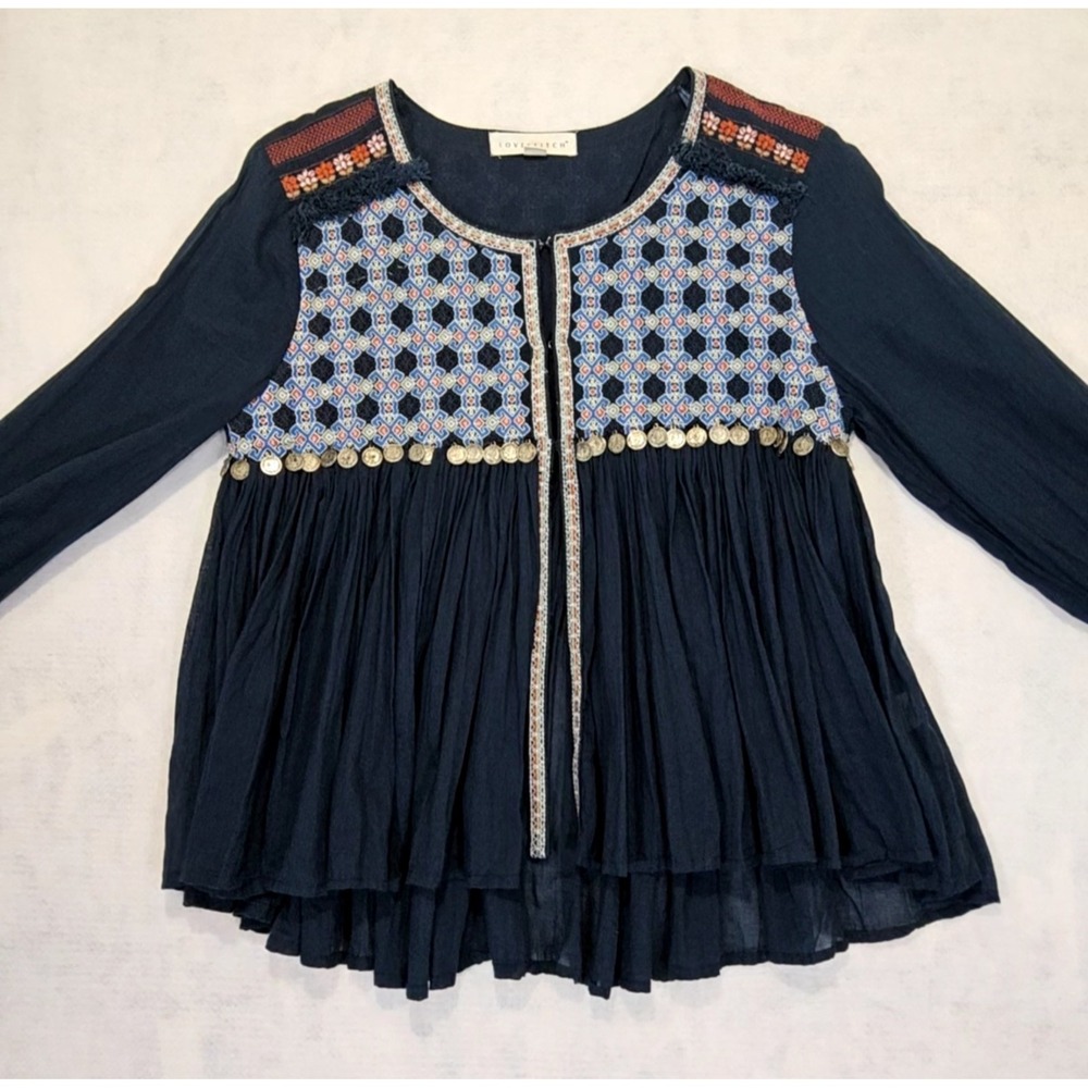 Sz M LoveStitch Boho Top Tapestry Embroidered Coin Gipsy Blouse Shirt Vtg Hippie
